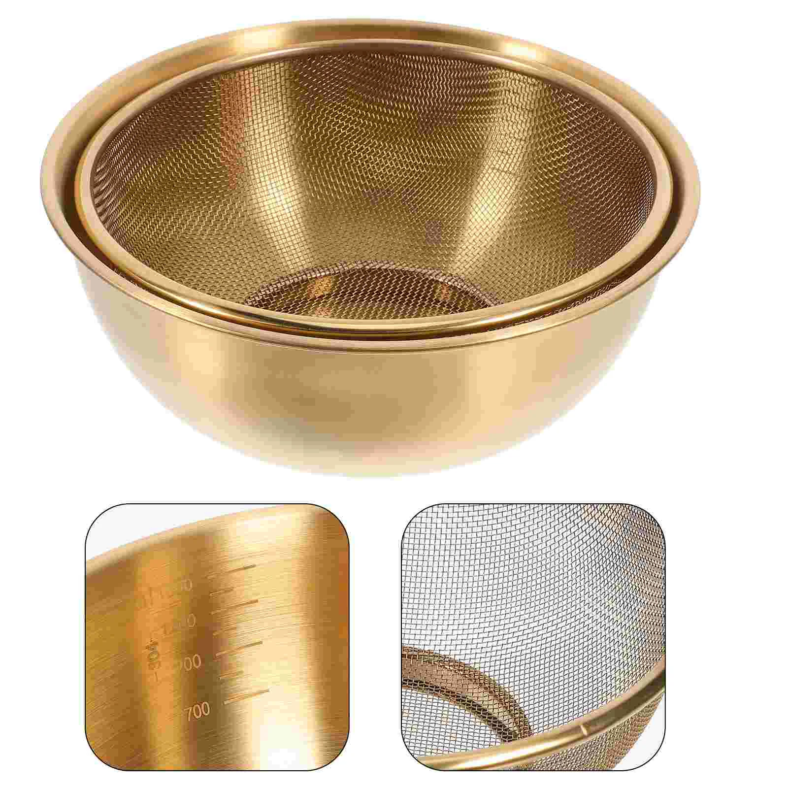 

Stainless Steel Colander Gold Mixing Bowl Kitchen Strainer Basket Rice Washer Fruit Vegetable Drainer