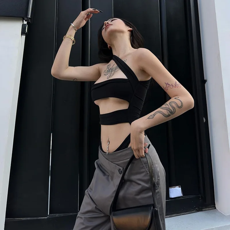 Fashion Trendy Sexy Women's Suit New Sleeveless Slim Fit Hollow Out Backless Jumpsuit Solid Women's Crop Tops Spicy Girl Tees