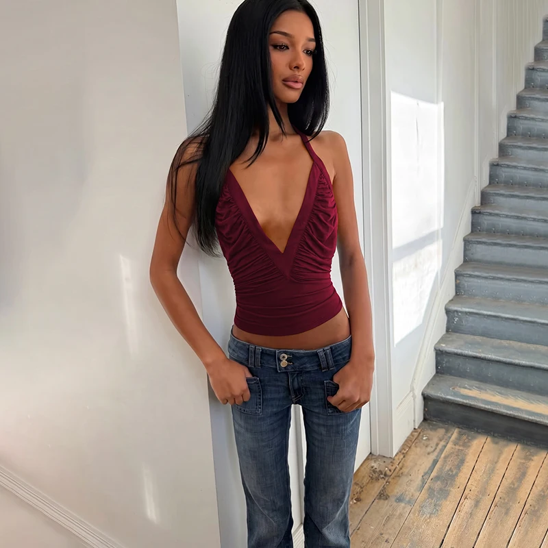 Hugcitar Neckholder V-Ausschnitt Einfarbig Rückenfrei Gerafftes Bandage Sexy Crop Tank Top Sommer Damen Mode Outfit Streetwear Party Club – Detail 22