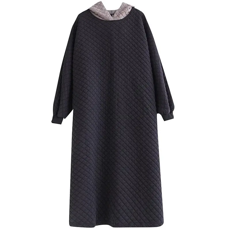 Large Size Women\'s Warm Dress 2023 Autumn/Winter New Fashion Cotton Quilted Sweatshirt Casual Hooded Dress Pullover Robe Z3690