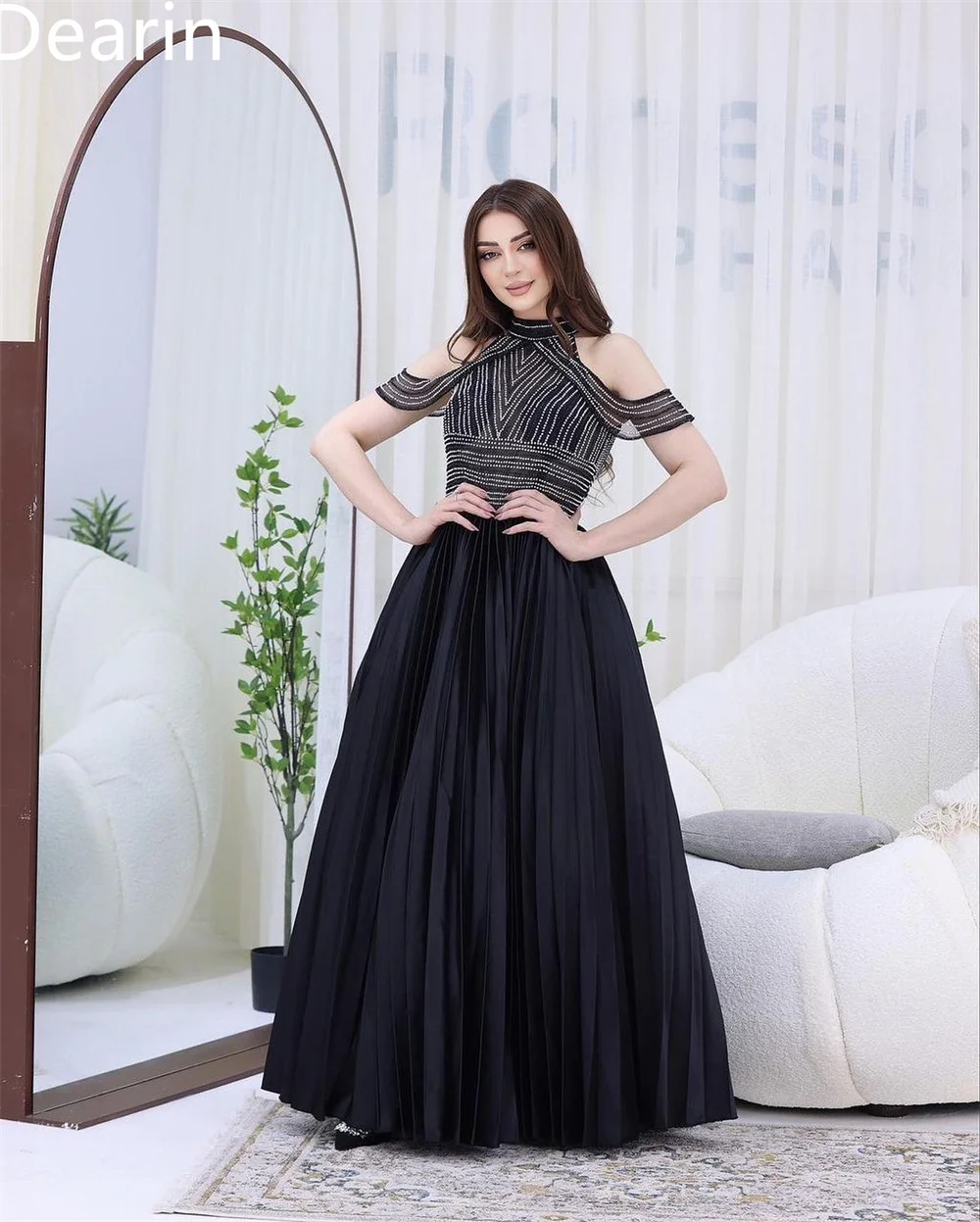 Customized Evening Gown Dearin High Collar A-line Floor Length Skirts Draped Beading Bespoke Occasion Dresses Saudi Arabia Prom