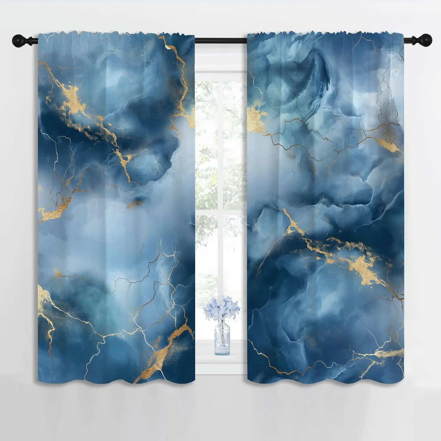 Marble Blackout Curtains for Boys Girl Bedroom Decor,Golden Cracks Blue White Abstract Texture Thermal Insulated Rod Pocket