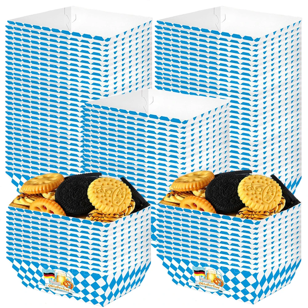 5/10/20/30/40/50 stücke Oktoberfest Blau und Weiß Gitter Einweg Papier Lebensmittel Trays Snack Süßigkeiten Popcorn Tabletts Bier Party Liefert – Detail 1