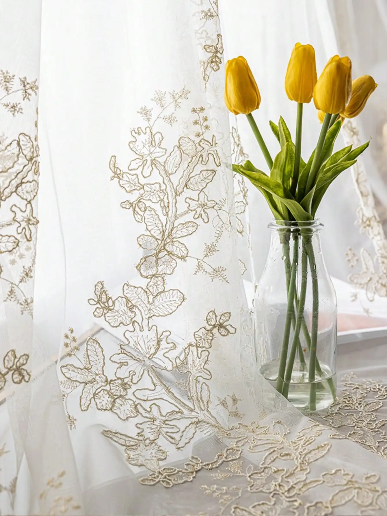 European embroidery white gauze curtains free perforation elegant court style half blackout sheer curtains for living room