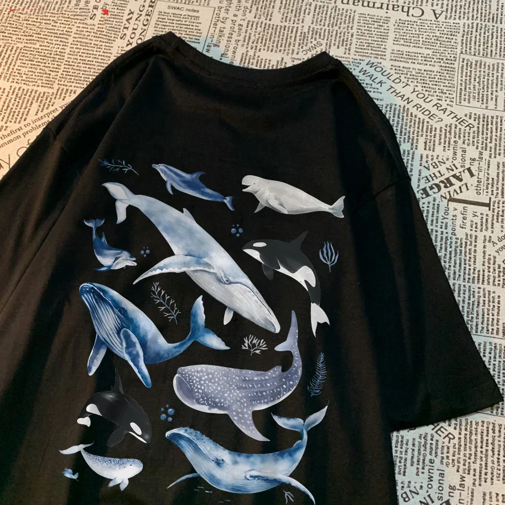 Stylish Women's T-shirt, Ocean and Whale Print Top, Round Neck, Soft Short Sleeves, Casual Summer Women's Wear.Summer Streetwear