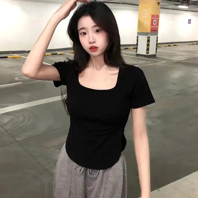Pure Color Women's T-Shirt Summer New Style Simple Arc Bottom Square Collar Short Sleeve Sexy Slim Fit Inner Wear Casual Top