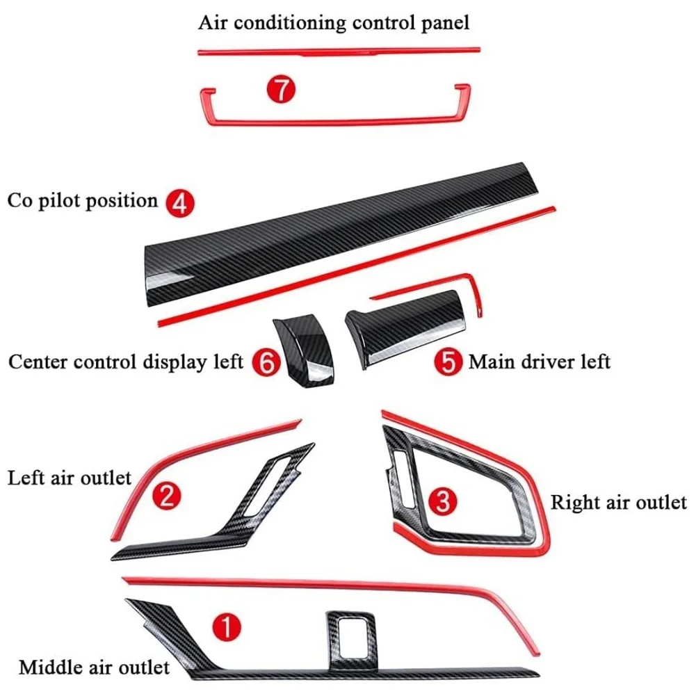 Carbon Fiber Look Interior Trim Kit 11 Pieces For Honda For Civic 10th Generation 2016-2020 Central Armrest Rear Kick Panels