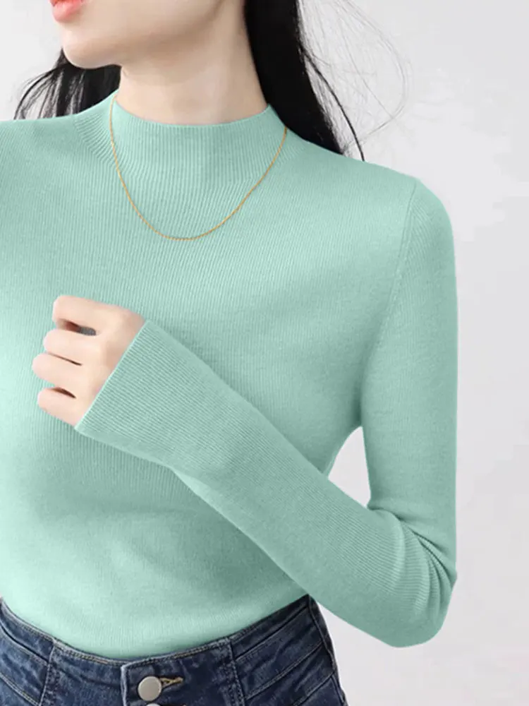 

Slim Fit Warm round Ne Long Sve Base irt Women's Pure Color Simple Sle Autumn Winter New Faion Ele Inner Wear