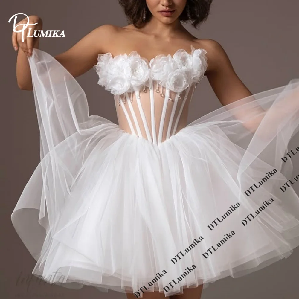 

DTLumika Strapless 3D Floral Short Wedding Dress Customized Sheer Corset Mini Tulle Bridal Gown Elopement Photoshoot Plus Size
