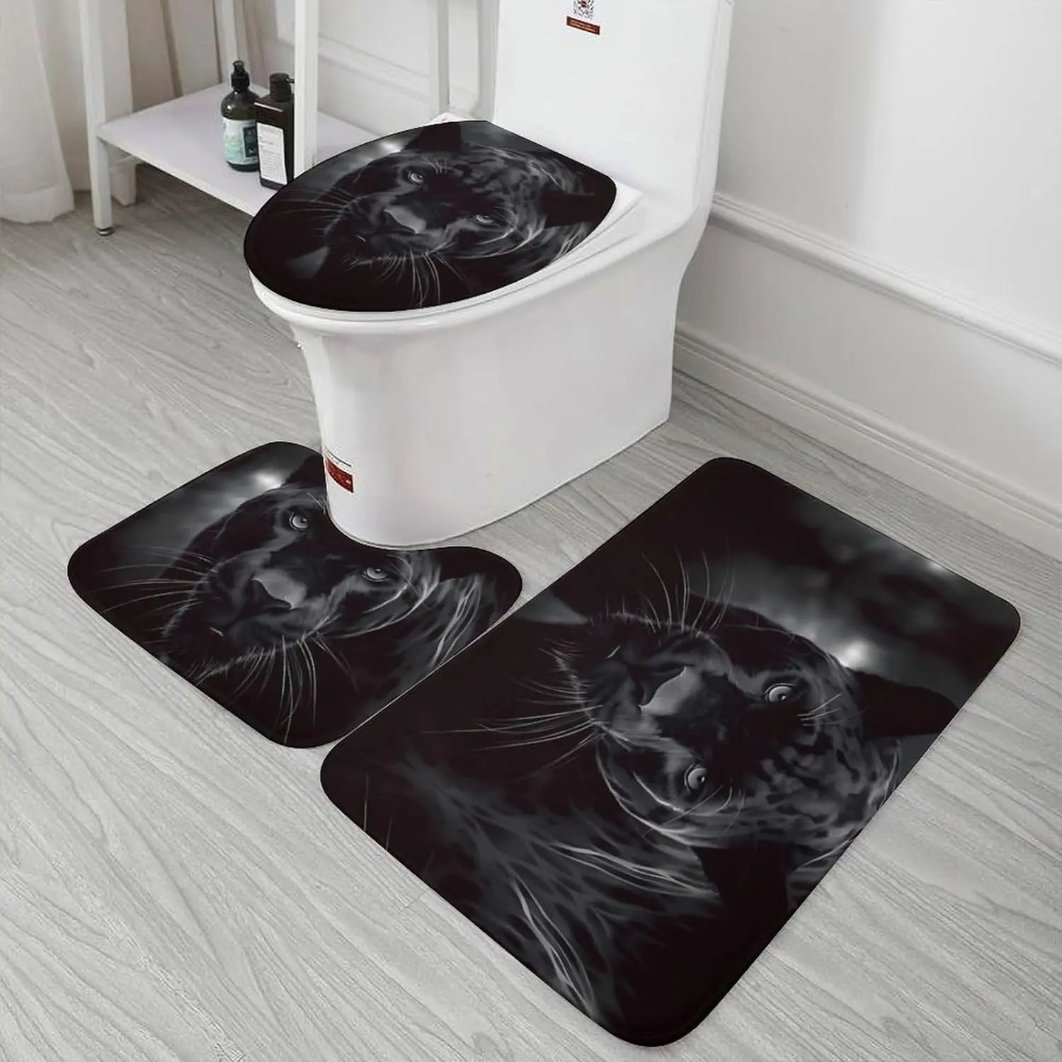 3 Piece Bath Rug Set Non Slip Absorbent Bath Mat Contour Mat with Toilet Lid Cover Animal Panther Soft Floor Mats for Bathroom