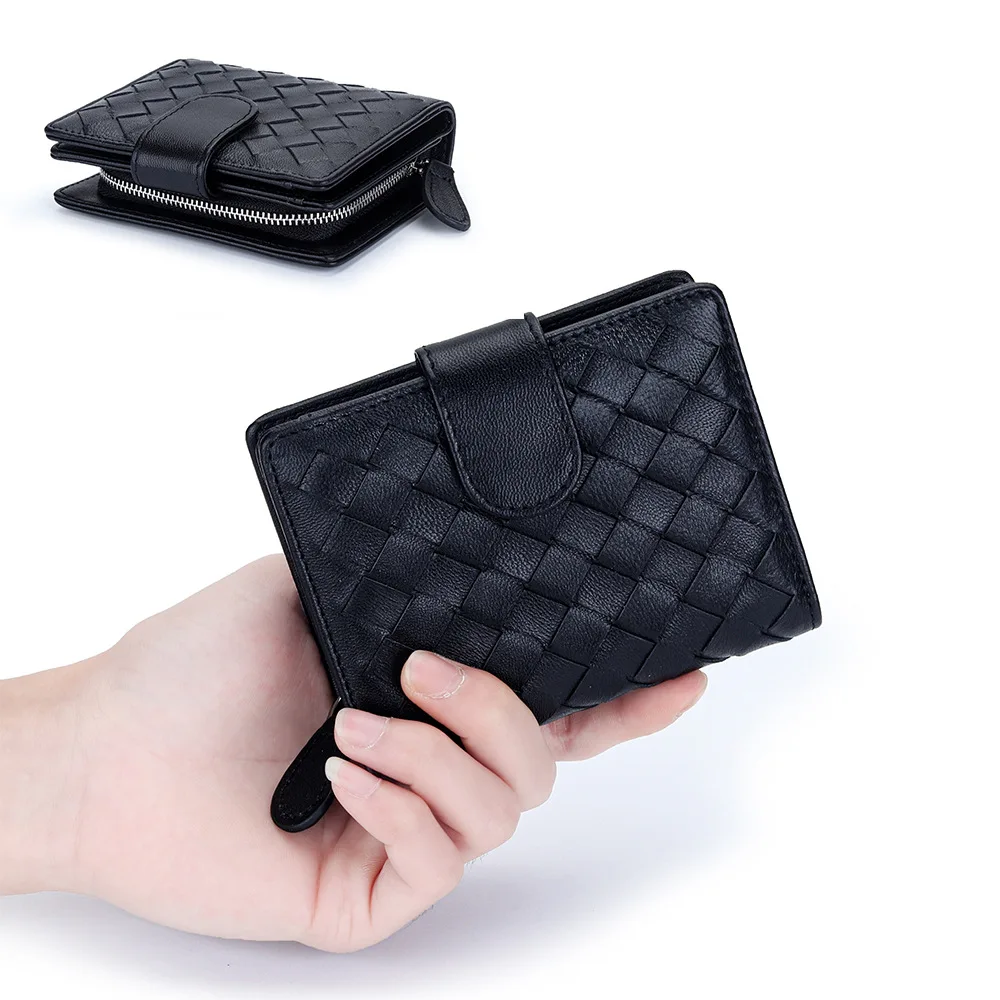 Short Wallets Genuine Leather Rhombus Slim Thin Card Money Bag Fashion Black Casual Zipper Hasp Large Capacity Billfold