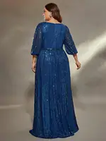 Mgiacy plus size V-neck bust pleated mid-long sleeve A-frame sequin long dress Evening gown PROM dress Party dress - Image 2