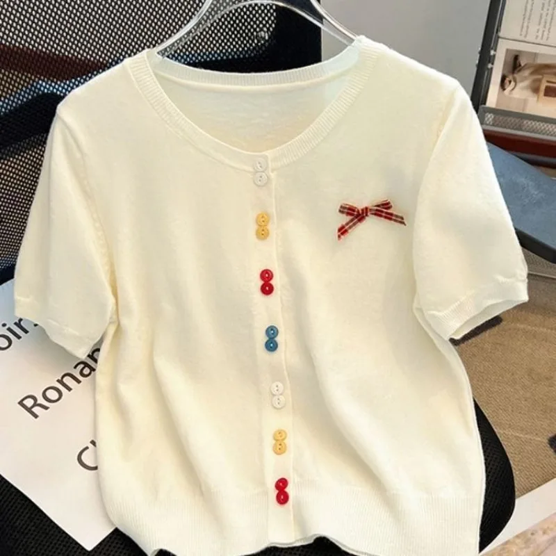 

Tops T-shirt Women's Summer Cardigan Designer Colorful Buttons Knit Short Sleeves New Fashionable Niche Versatile Chic Unique