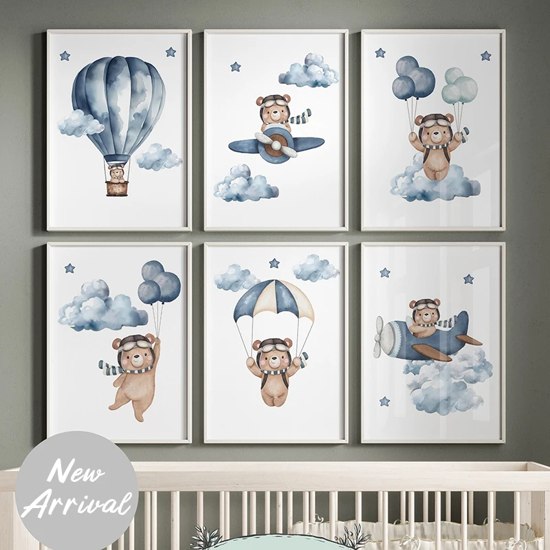 Cute Teddy Bear Space Travelling Balloon Nursery Wall Art Posters and Prints Canvas Paintings for Baby Kids Boys Bedroom Decor