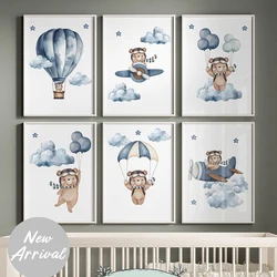 Cute Teddy Bear Space Travelling Balloon Nursery Wall Art Posters and Prints Canvas Paintings for Baby Kids Boys Bedroom Decor