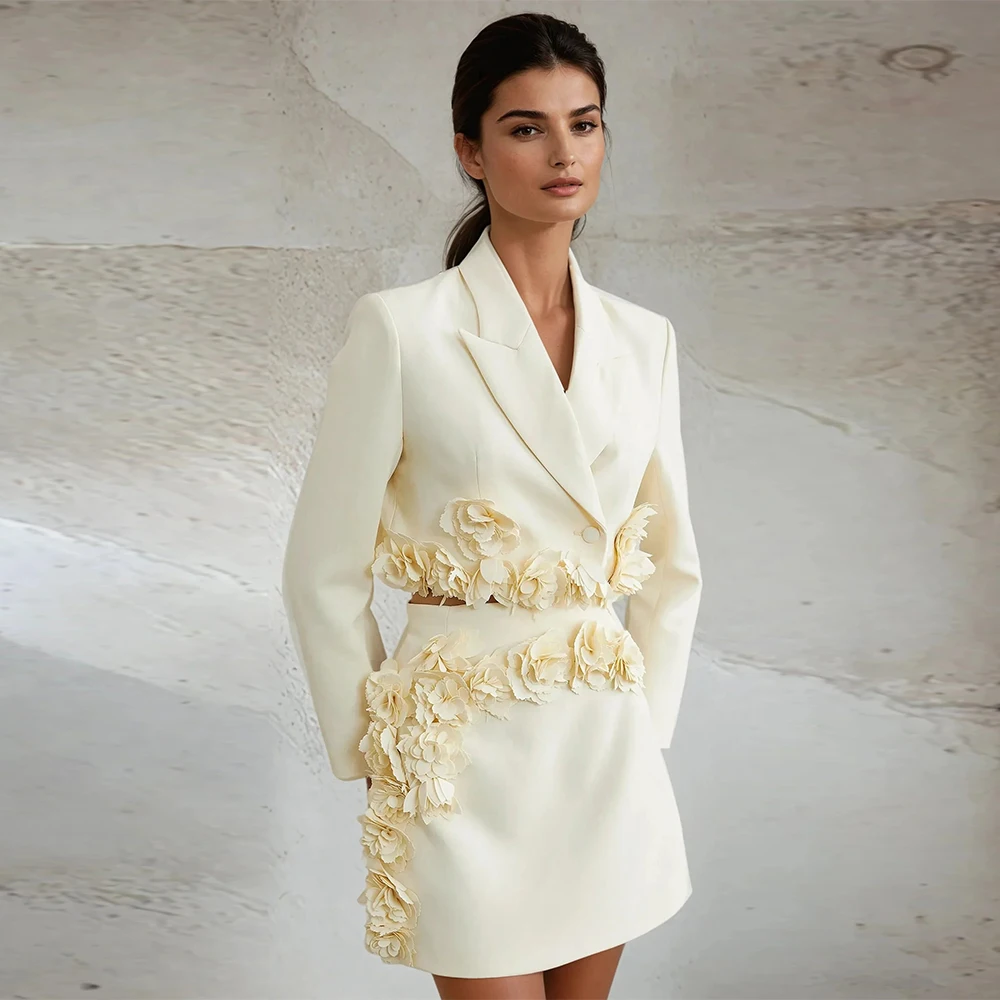 

3D Florals Women Evening Dress Full Sleeves V Neck Mini Prom Dress for Girls 2 Pcs Elegant Short Cocktail Gowns