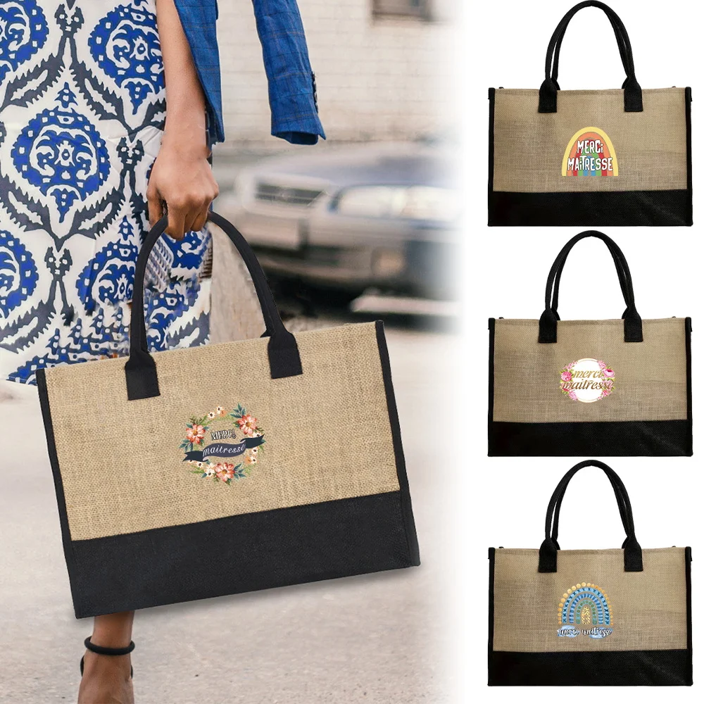 

Jute Tote Bag Women Shoulder Bag Large Capacity Eco Reusable Shopping Grocery Bag Print Maitresse Series Vintage Casual Handbag