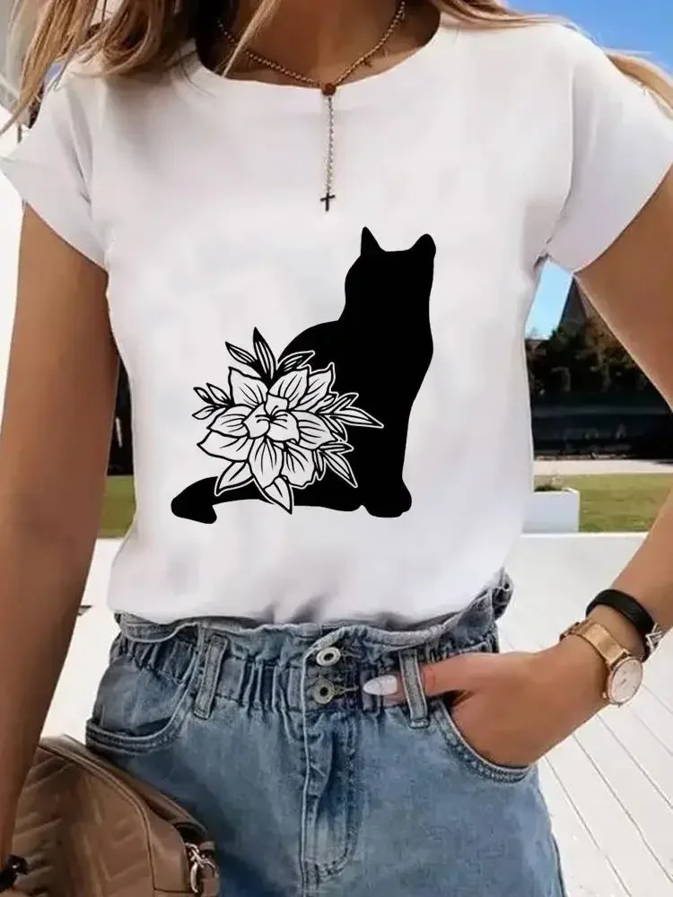 半袖プリント服女性春夏女性 Tシャツファッション猫愛甘いバレンタインシャツ女性グラフィック Tシャツ服