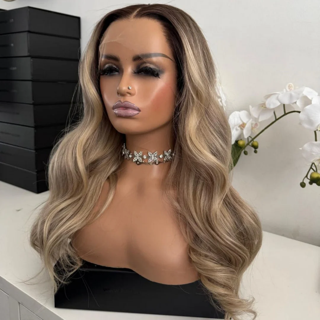 Elastic Honey Blonde Long Length Wig With Dark Roots Natural Body Wave Hair Synthetic Wigs Heat Resistant Futura Premium Fiber