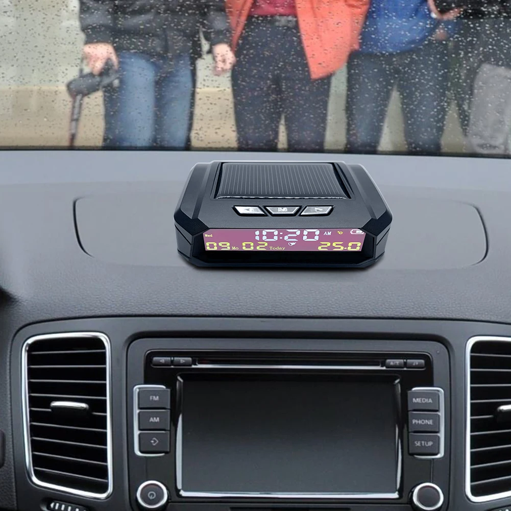 ساعة رقمية للسيارة تعمل بالطاقة الشمسية من TPMS مع شاشة عرض لدرجة حرارة السيارة LCD وتاريخ الوقت
