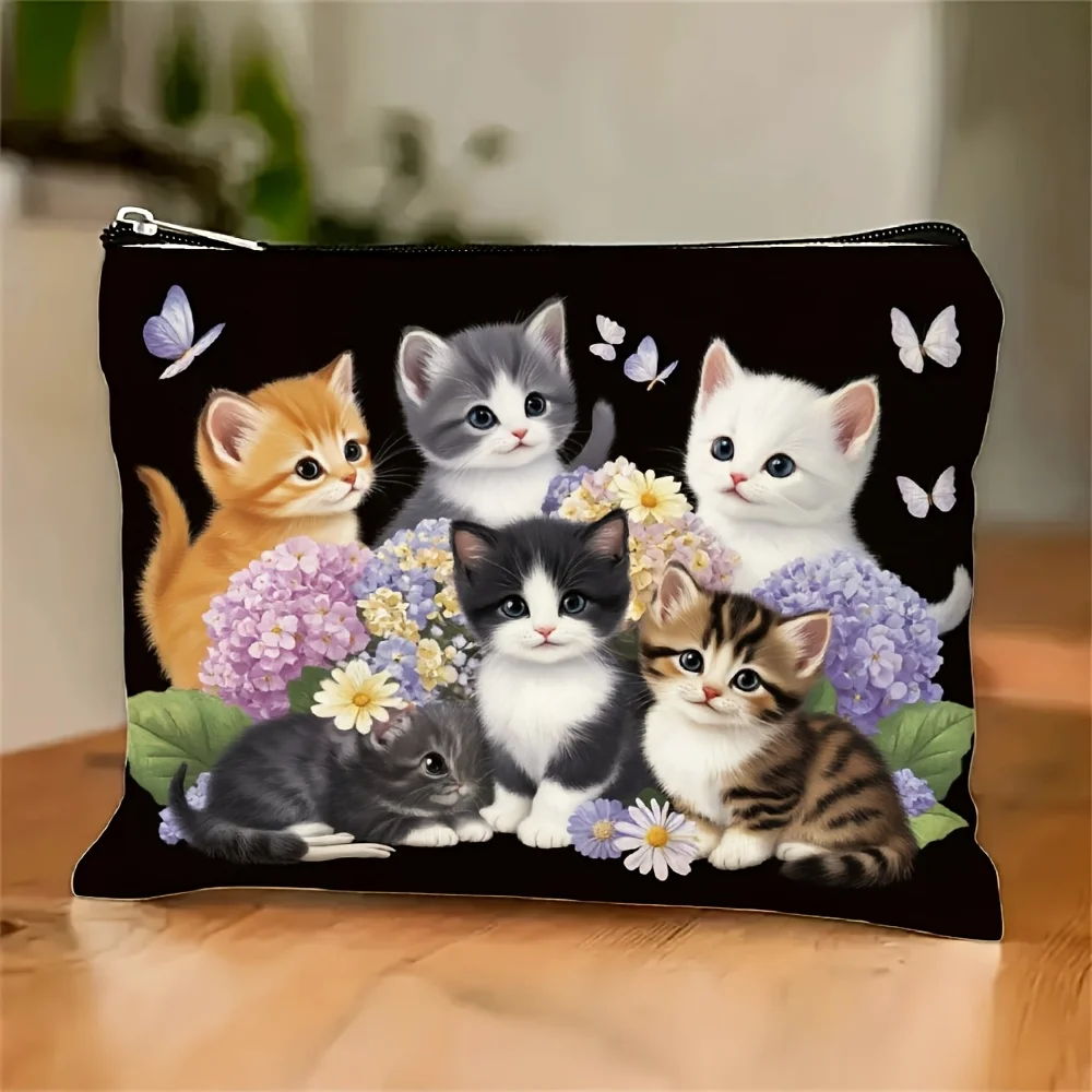 A Cat Print Makeup Bag - Cute Multi-functional Zipper Bag, Jewelry Storage Bag, Perfect Travel Zipper Small Storage Bag