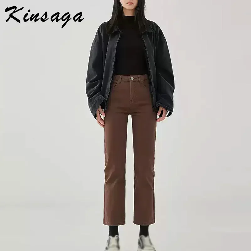 Kinsaga khaki high waist narrow straight jeans Women Korean Pear-Shaped nine point smoke pipe pants petite girl capris jeans