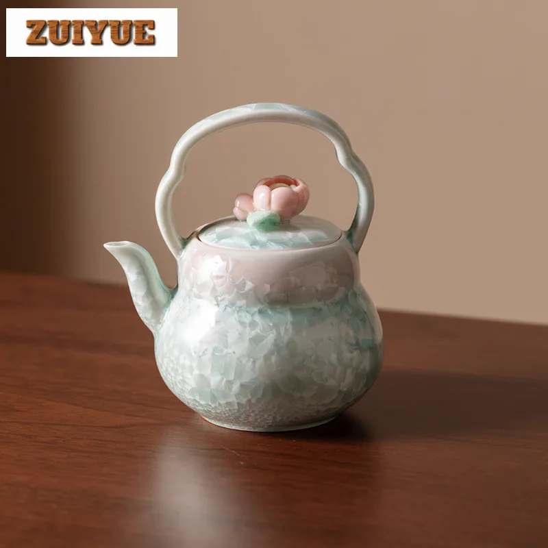 

150ml Crystal Glaze Cyan Pink Lifting Handle Teapot Traditional Tea Infuser Pot Tea Making Kettle With Strainer Chinese Tea Set