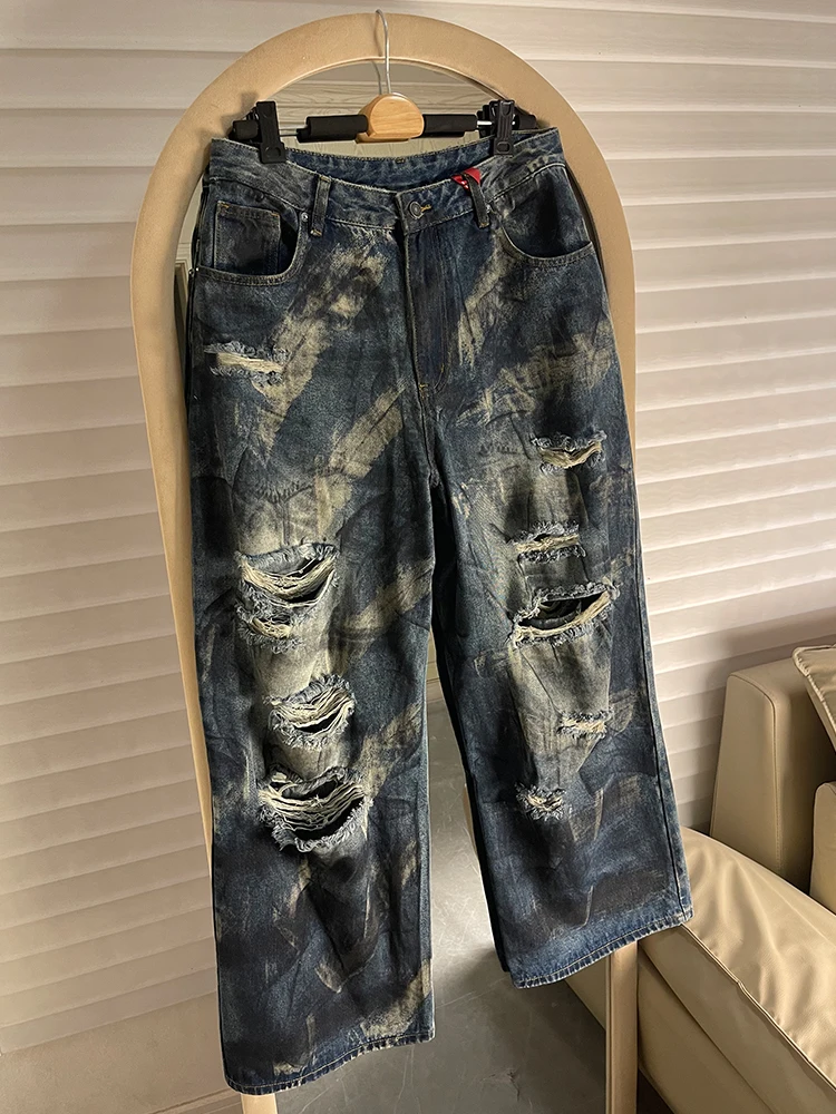 

Parisian Style American High Street Splashed Ink Hole Denim Jeans Men's Heavy Washed Wide Leg Pants Casual Loose Fit Jeans
