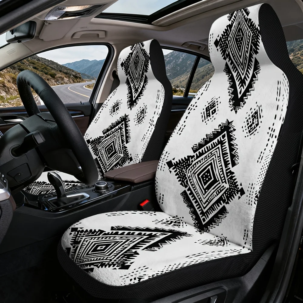 2D Flat Printing, 2pcs, Geometric Tribal Pattern Car Seat Covers, Comfortable And Durable, Fit For Front Seats, Perfect For Fam