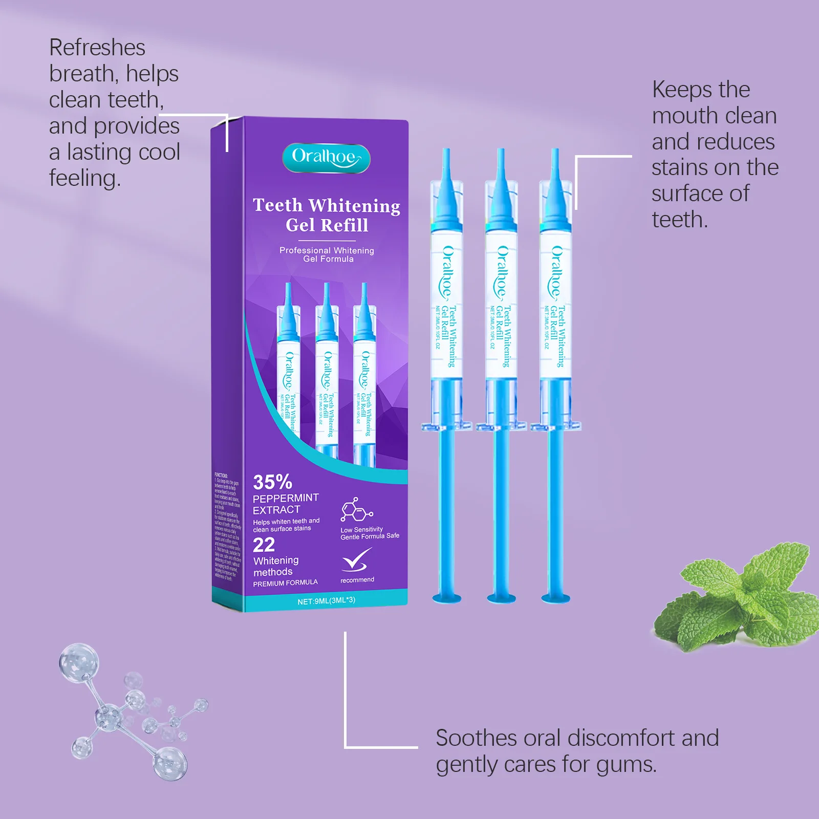ORALHOE Teeth Whitening Gel Refill 3pcs 3ml Mint Formula Remove Stains Gentle Whitening for Sensitive Teeth Oral Care