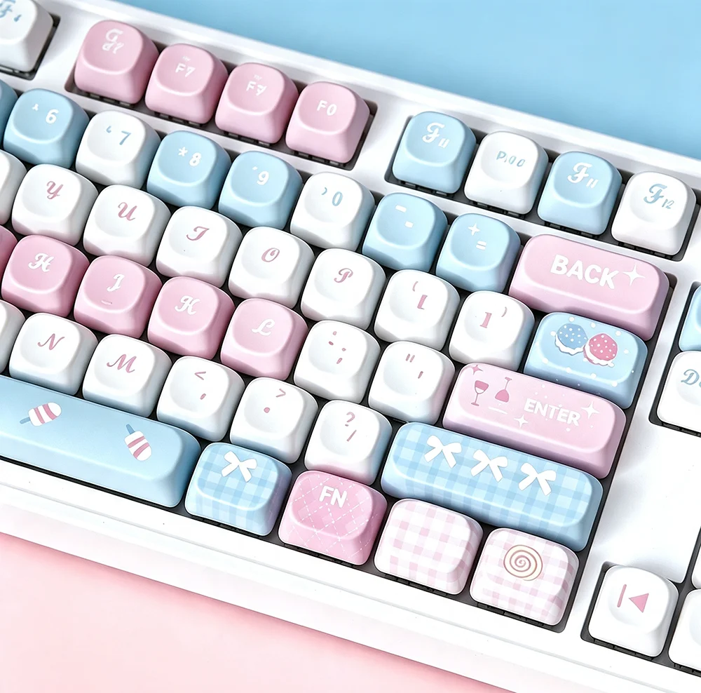 Kawaii Pastel Pink Blue Dessert Keycaps 129 Keys PBT Dye Sublimation Cute Custom Keycap Compatible with Cherry MX Cross Switch