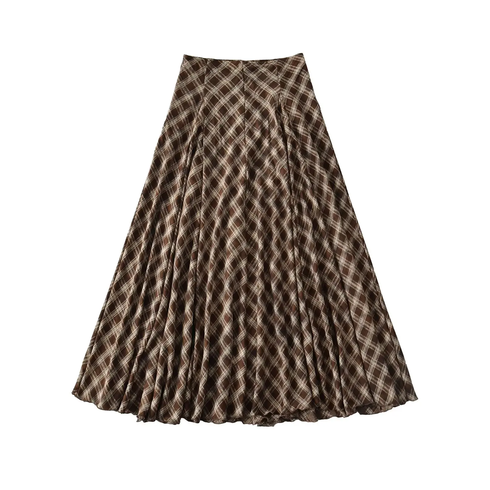 Hohe Taille, A-Linie, karierter Rock für Damen, Herbst und Winter, lässig, mit Verkleidung, schlankmachender langer Rock, drapiert, braun