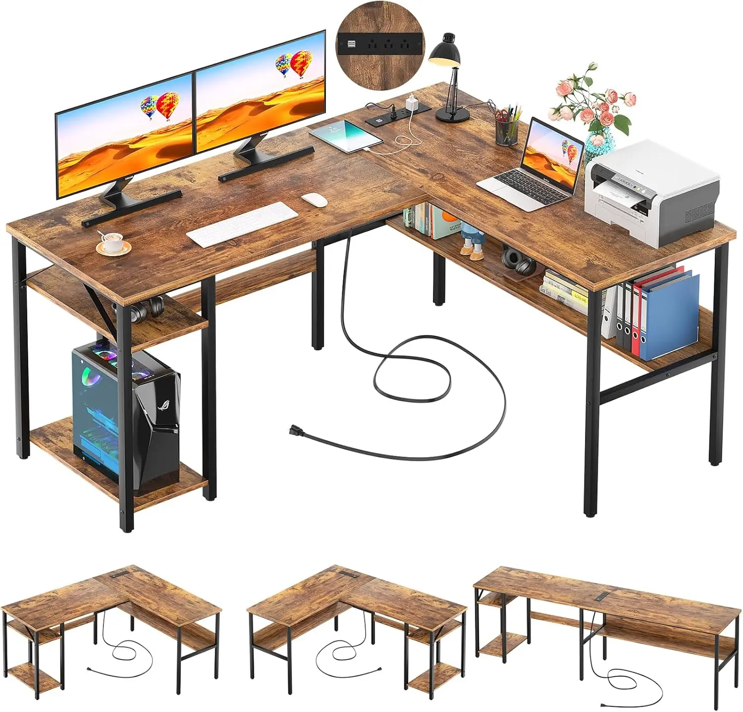 L Shaped Computer Desk with Magic Power Outlets and USB Charging Ports, Sturdy Reversible Corner Desk with Storage Shelves