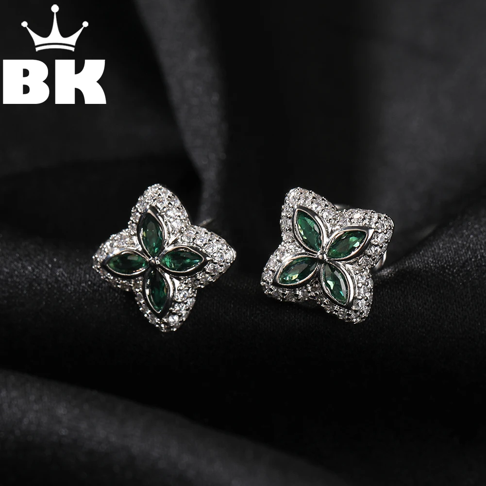 

THE BLING KING Iced Clover Stud Earrings For Women Micro Paved 5A+ Cubic Zirconia Black Green Color Shiny Luxury Lovely Jewelry