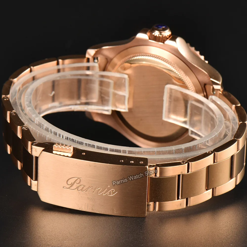 Orologio da uomo con movimento automatico Parnis da 41 mm, disegno personalizzato del drago, lunetta nera, bracciale in acciaio inossidabile in oro rosa