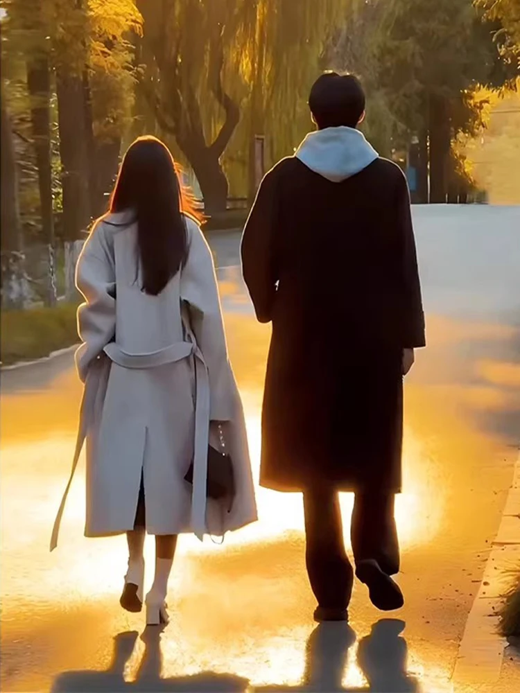 

Korean Sle Men's Mid-Length Over-Knee Woolen Coat Autumn Winter Season Faionable Briti Sle Windbreaker Coat