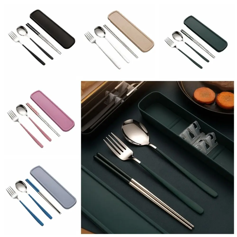 Conjunto de talheres 3 em 1, aço inoxidável, cor prata/ouro, garfos e colher, pauzinhos, portátil, à prova de ferrugem, conjunto de talheres de viagem