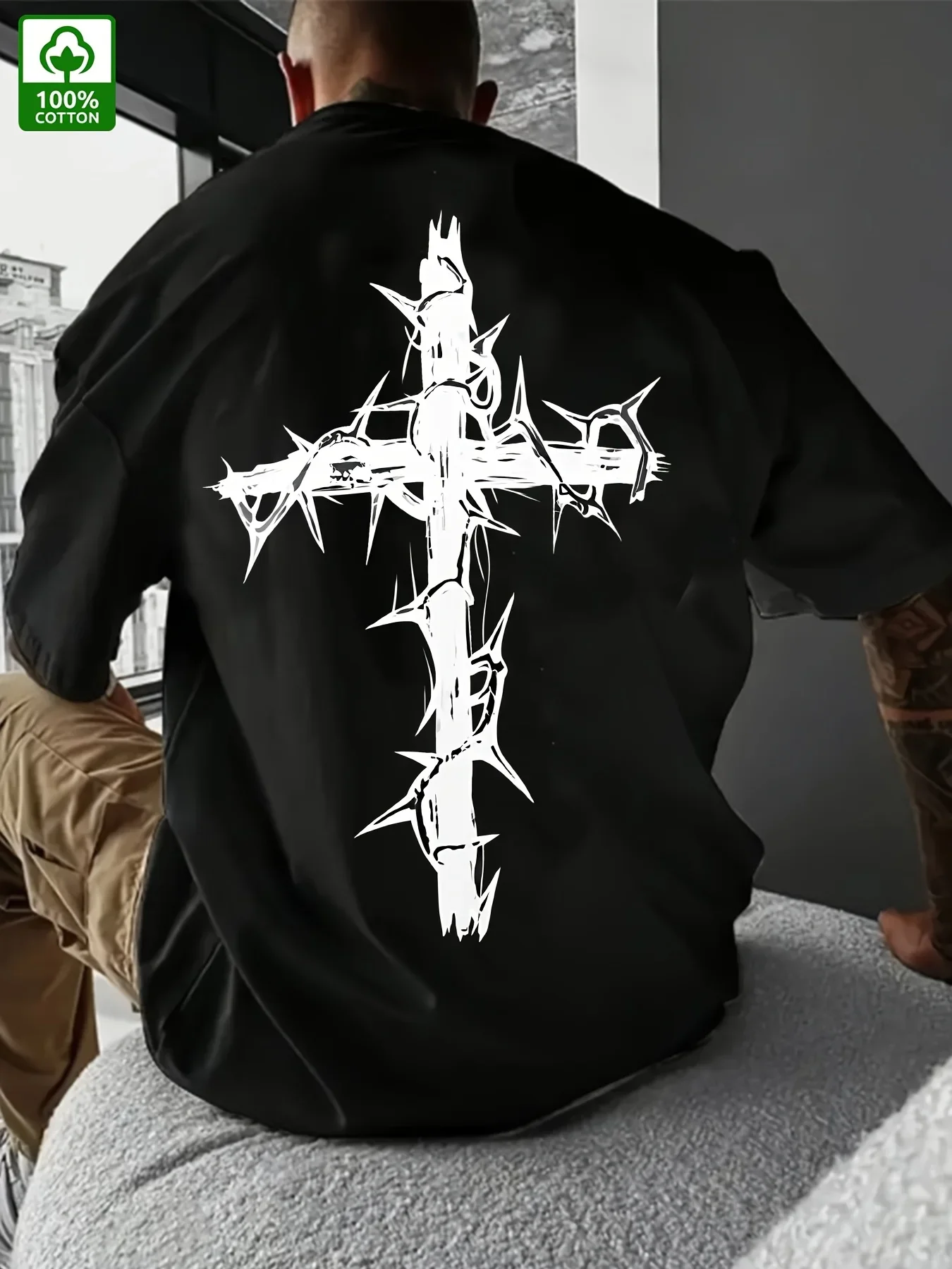 

Summer men's 100% cotton comfortable casual loose breathable creative cross pattern printed round neck short-sleeved top