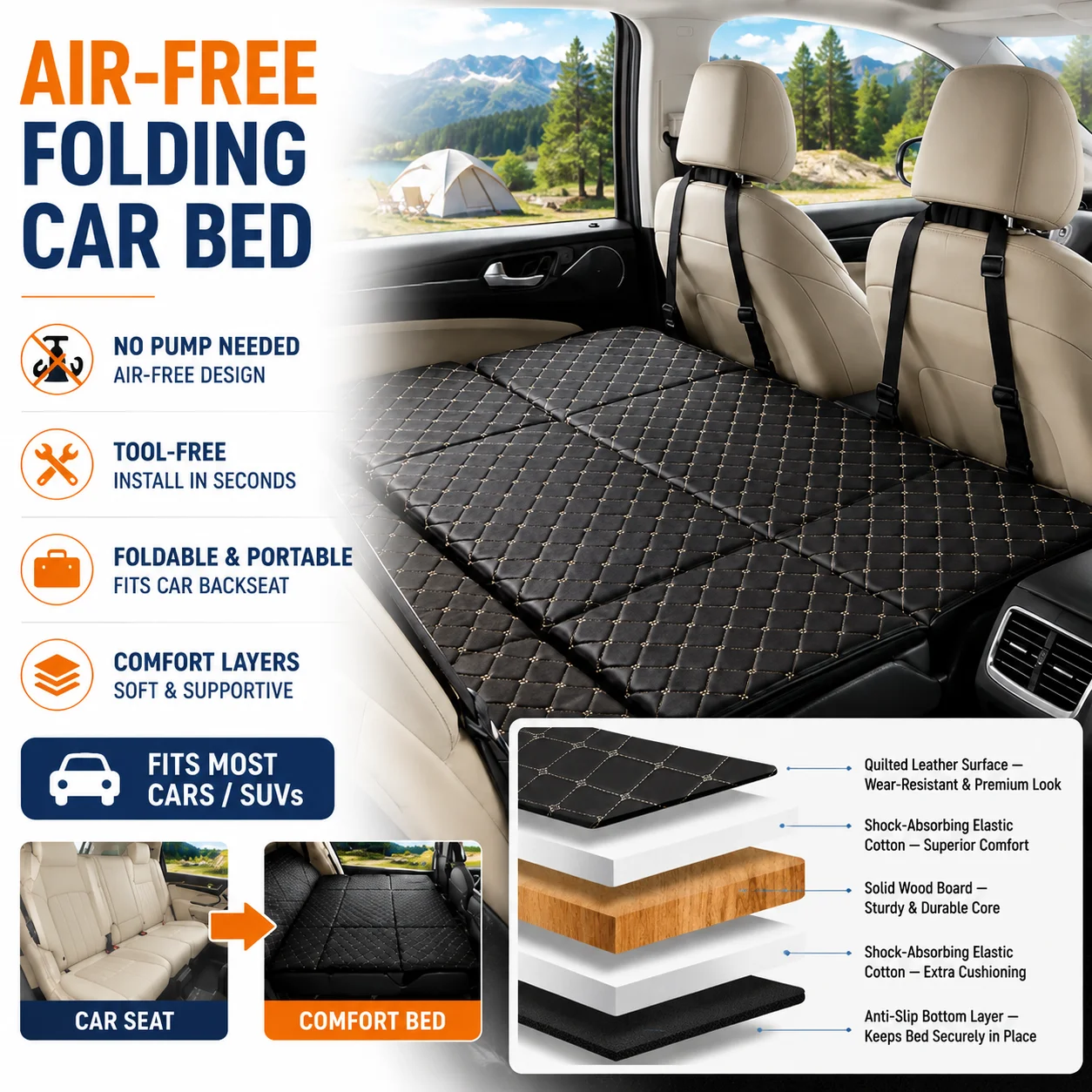

Foldable Car Backseat Bed No Inflation Needed Instant Setup Thick PU Leather Waterproof Non Slip Sleeping Mat for Travel Camping