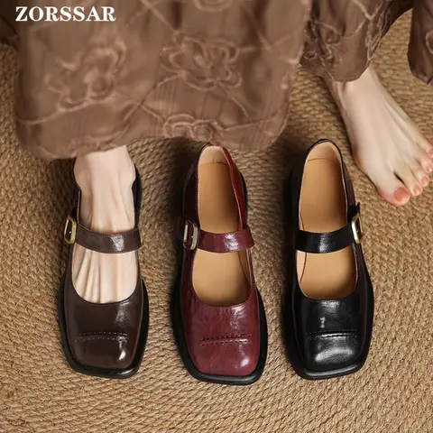 2025 봄 신사복 메리 제인 신발 패션 스퀘어 발가락 얕은 슬립 숙녀 플랫 신발 부드러운 단독 야외 드레스 발레리나