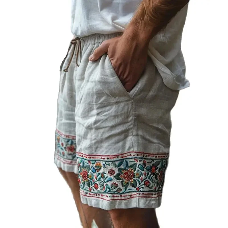 Vintage Florals Patchwork Cotton Shorts Men 2024 Summer Beach Casual Loose Drawstring Shorts Daily Leisure Mens Lace-up Shorts