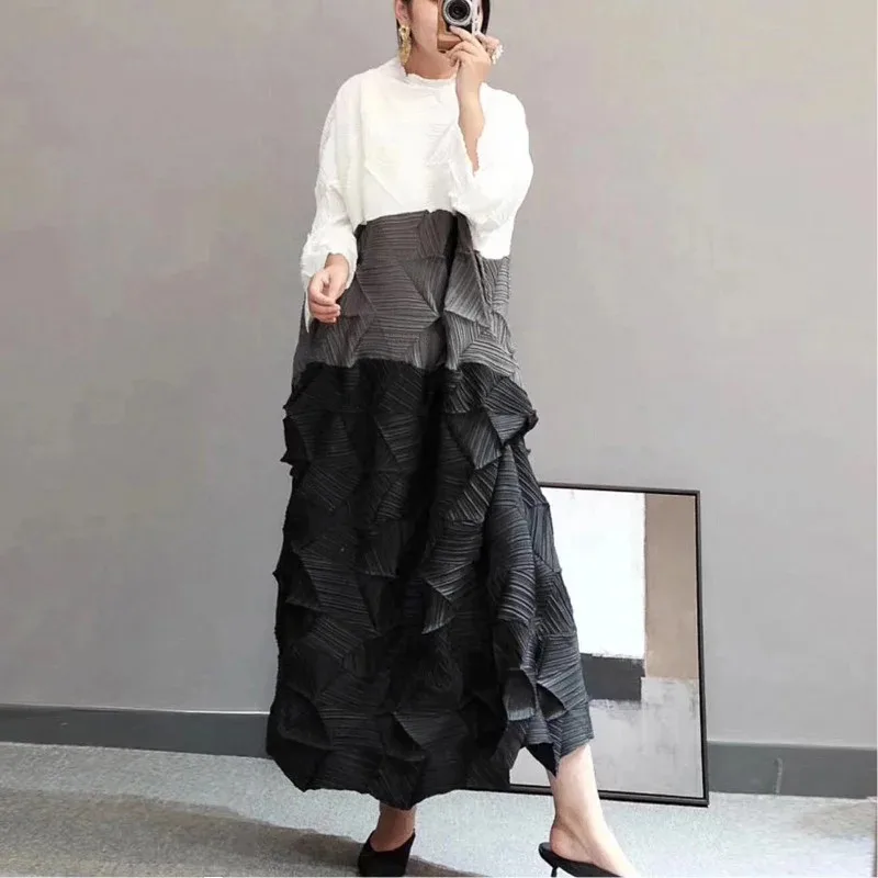 YUDX Miyake Stand Collar Color Block Dress Long Length Women 2024 New Autumn Vintage Loose Pleated Dresses Elegant