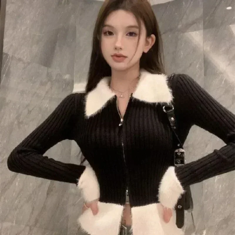 Fur Collar Cardigan Sweater Women Faux Fur Y2k Crop Tops Elegant Fashion Zipper Knitted Coat Korean Popular Style Red Pink Black