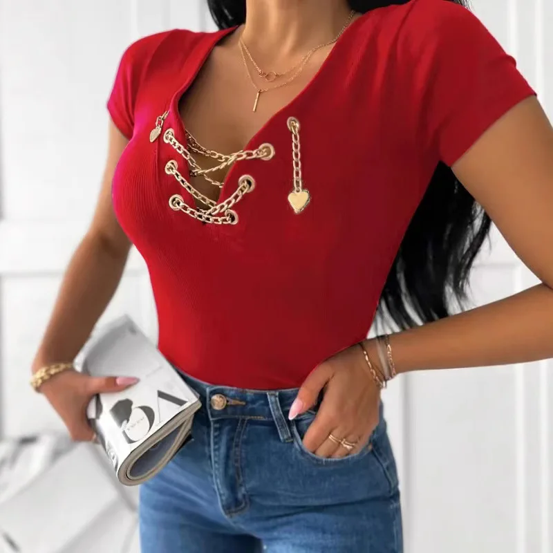 

Y2K women's spring and summer fashion and elegance solid color V-neck chain love pendant short-sleeved T-shirt new casual top