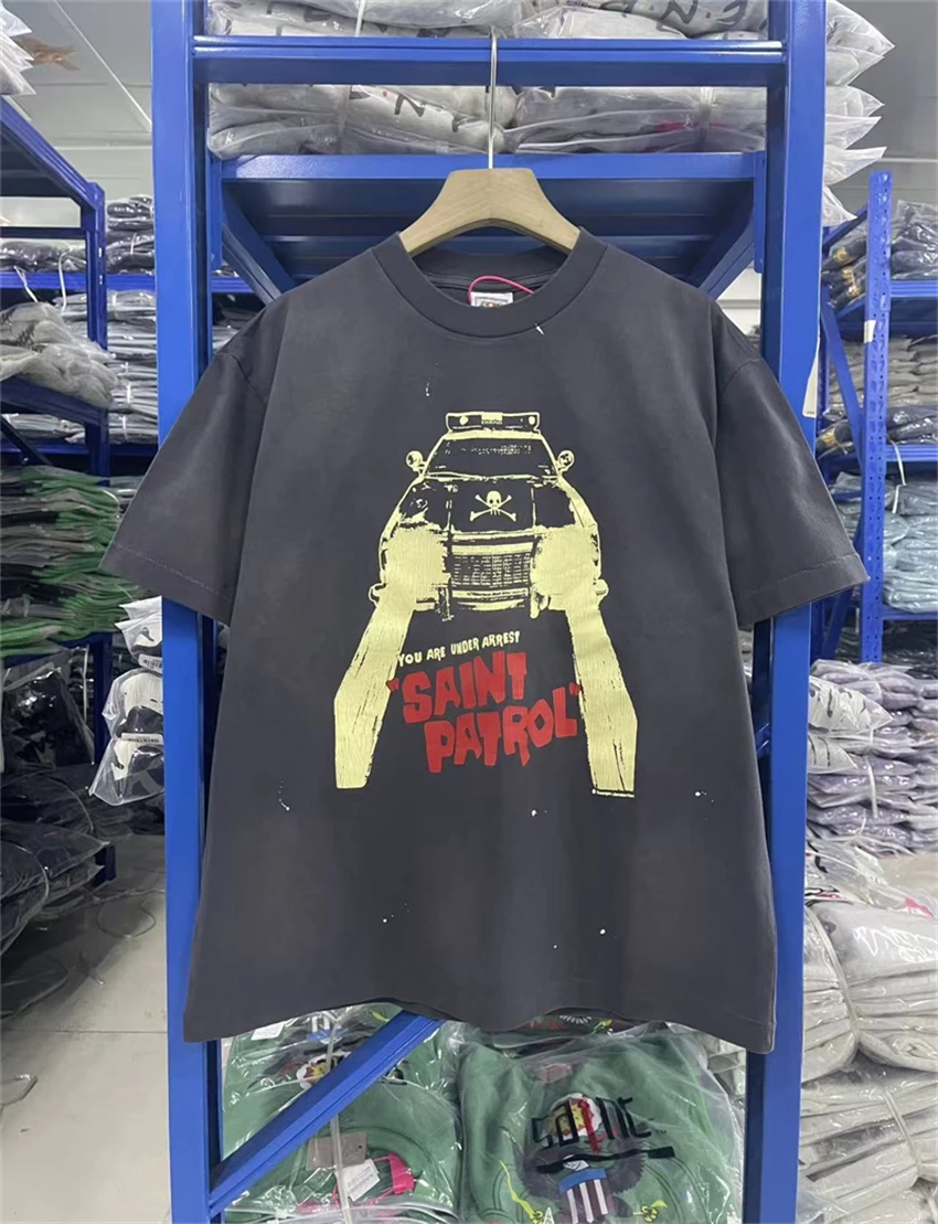 New SAINT Skull Pattern Printed Vintage Wash Versatile Creative Short Sleeve Round Neck Cotton Street Leisure Sports T-shirt