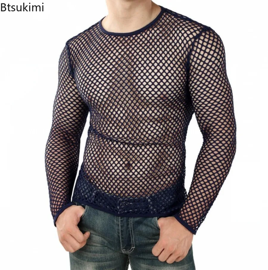 Men's Sexy Transparent Mesh Crop Tops Fishnet Hollow Out T Shirts Fashion Sport Fitness Vests Nightclub Short Tees Sheer Tops