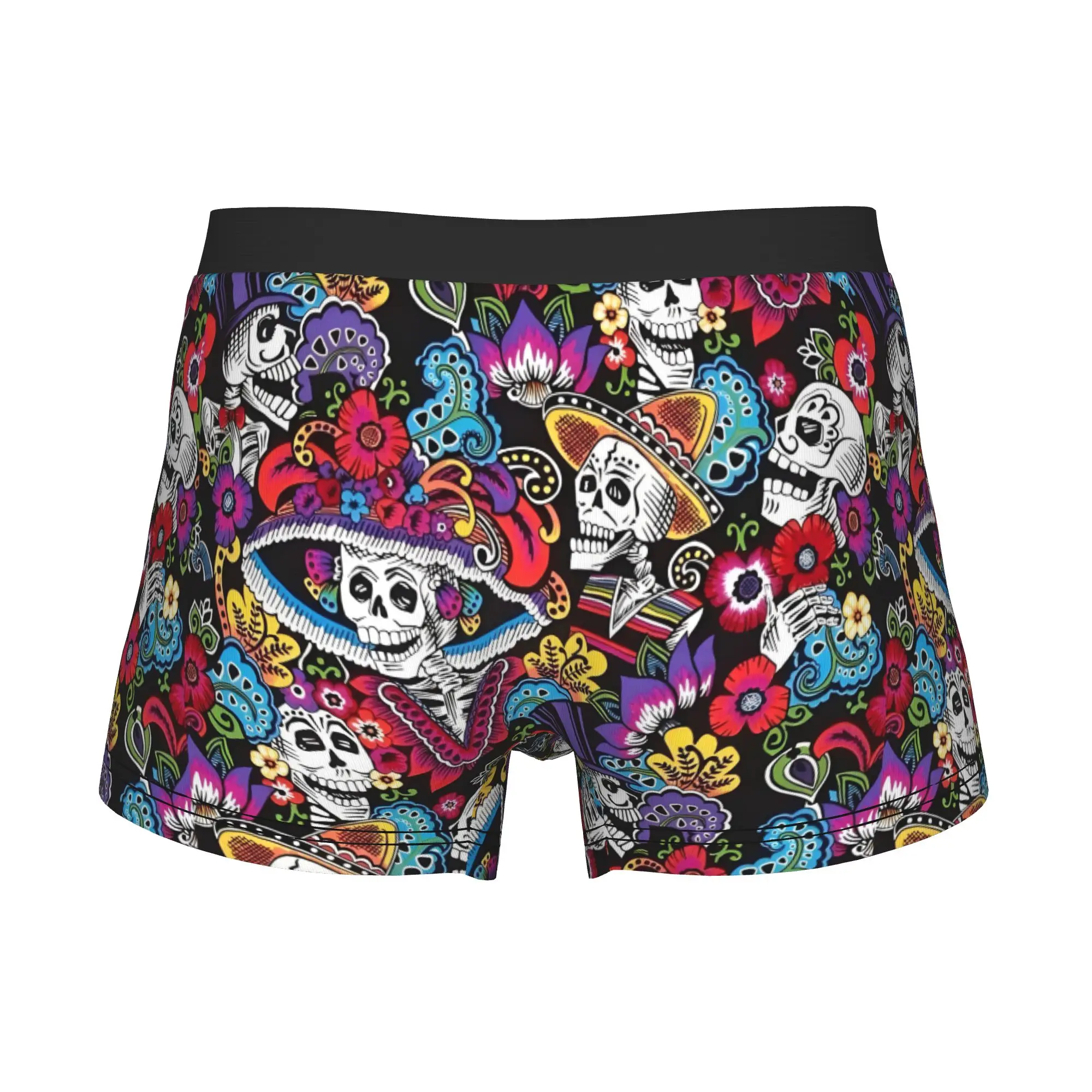 Colorful Day Of The Dead Boxers Shorts Men's Sugar Skull Skeleton Character  Briefs Underwear Cool Underpants