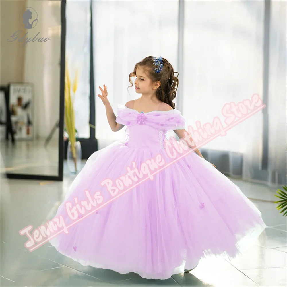 أنيقة شفافة الكتف الأشرطة الأبيض جديد 2025 الزهور فتاة فساتين الطابق طول حفل زفاف للأطفال فستان حفلات