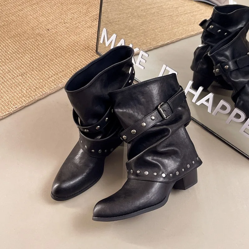 Rivet Buckle Women Mid Calf Boots Round Toe Pants Tube Leather Boots Autumn Winter Vintage Ladies Slip On Western Cowboy Boots