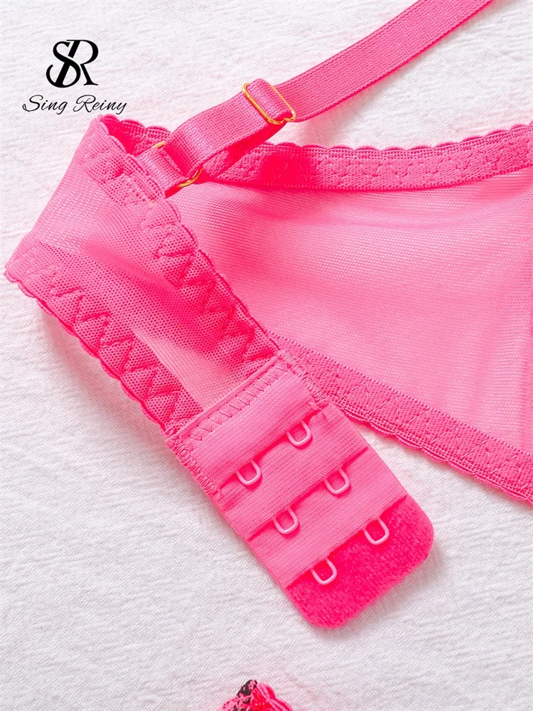 Singreiny-女性のための花柄の刺繍が施されたブラセット,透明な下着,メッシュのランジェリー,韓国スタイルのガーターベルト,スリーピースのスーツ,2024